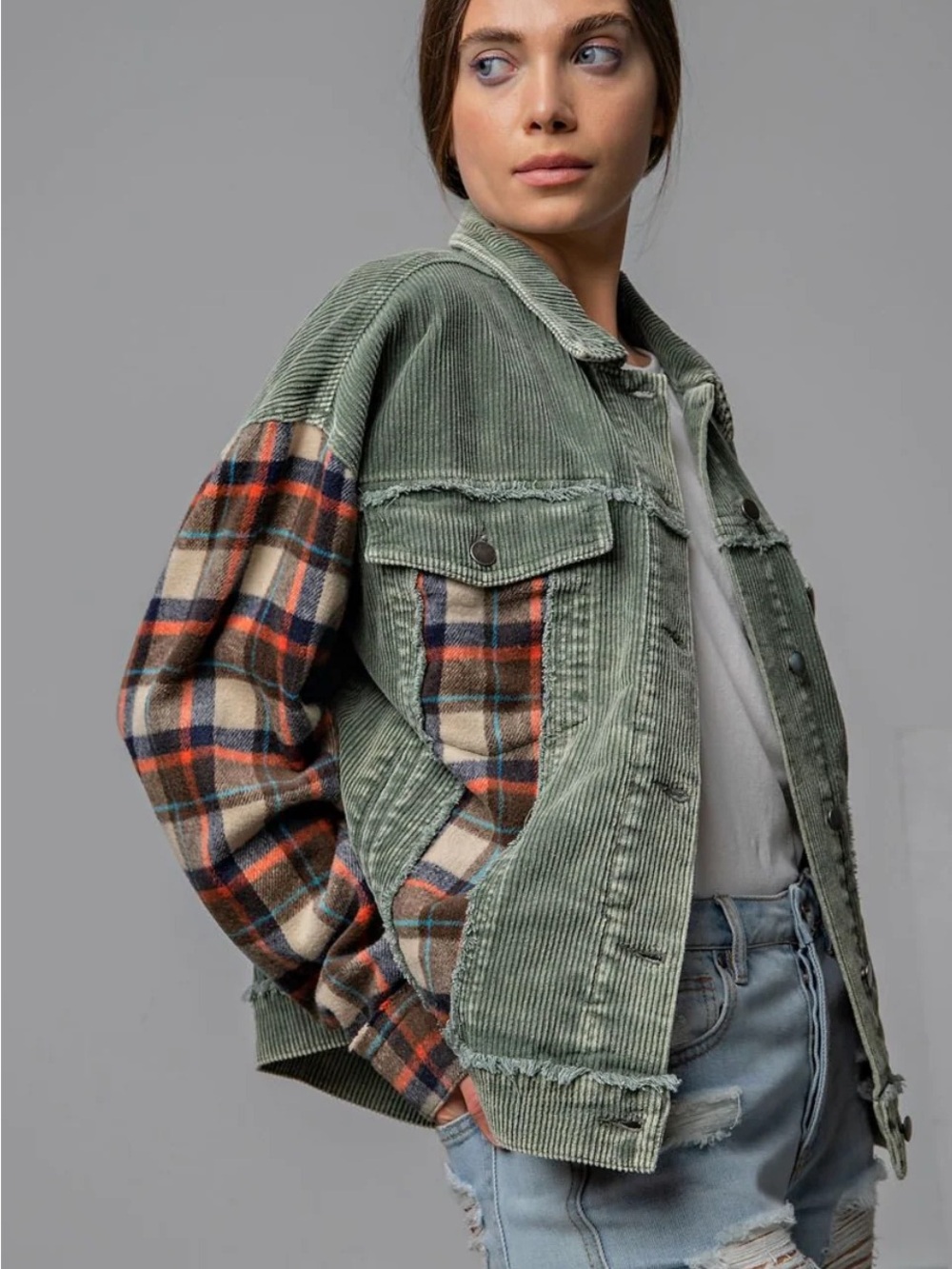 Easel Corduroy Plaid Flannel Shacket Green Size Small NWT